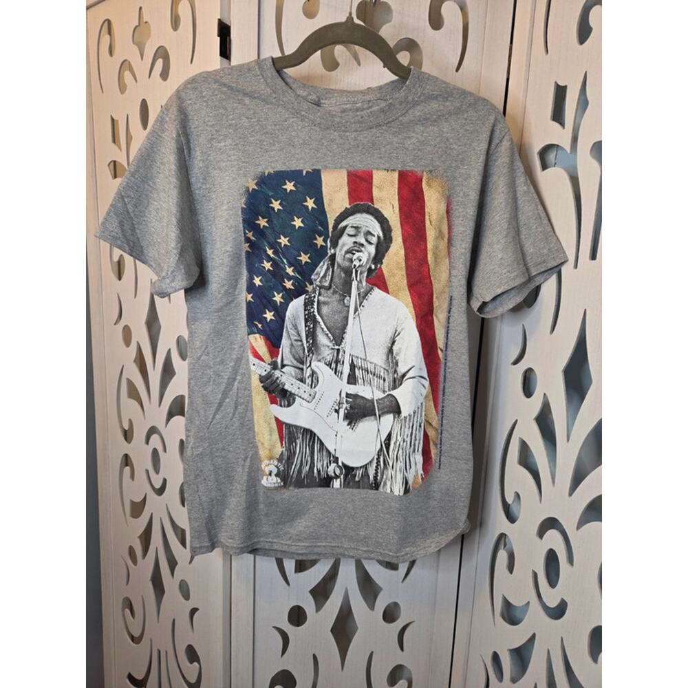 Jimi Hendrix Graphic Tee Small Gray USA Flag Guitar Rock Band Shirt NWOT
